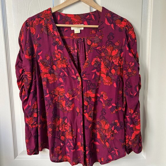 Maeve by Anthropologie Jourdain Runa Floral Blouse SZM Pink Multi Ruched Arm - Picture 3 of 10
